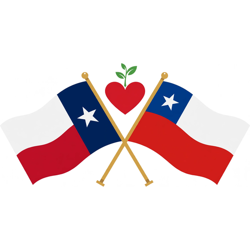 Texas Loves Chile logo — crossed Texas and Chile flags with heart and sprout