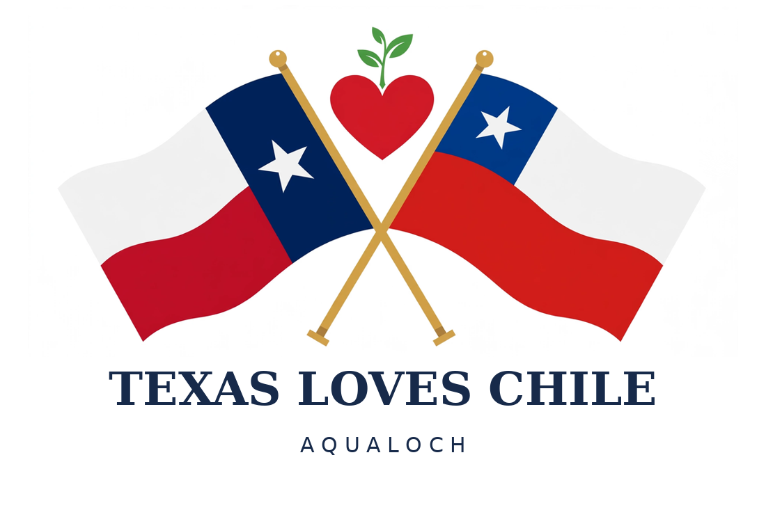 Texas Loves Chile — official logo: the Texas and Chilean flags crossed, with a heart and sprout above