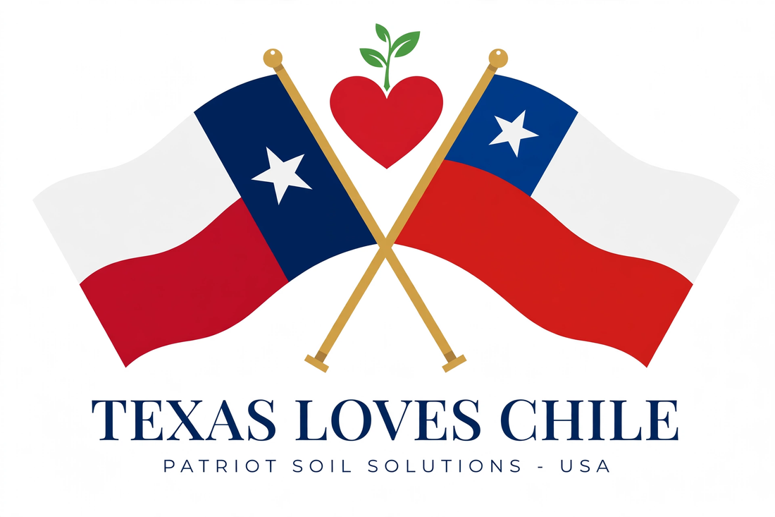 Texas Loves Chile — official logo: the Texas and Chilean flags crossed, with a heart and sprout above