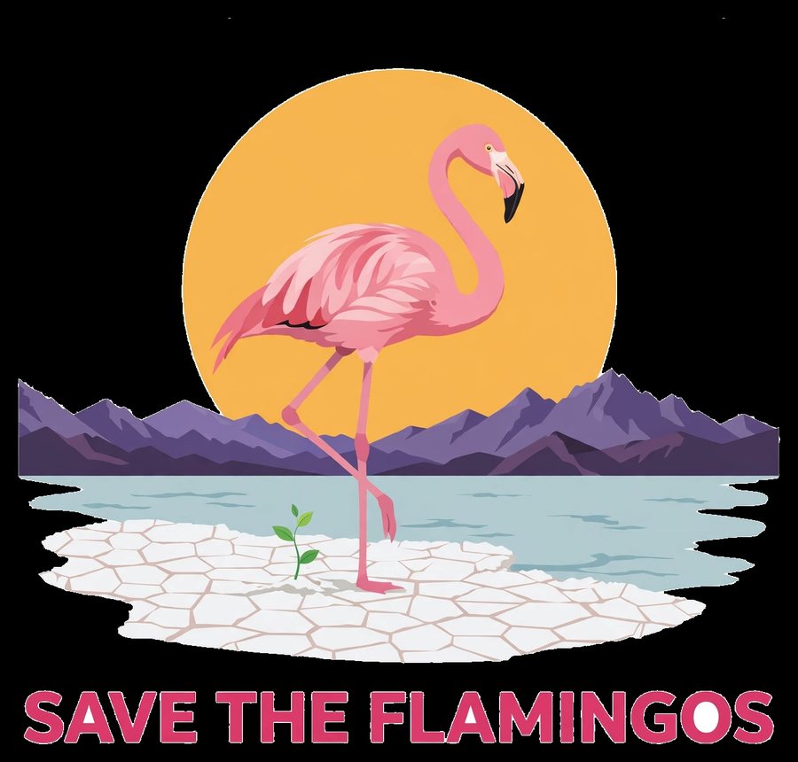 Save the Flamingos sunset tee — a flamingo on the cracked salt flat at sunset
