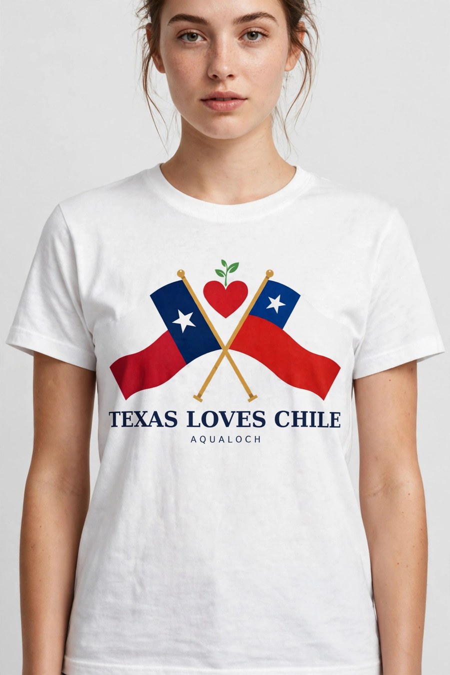 White t-shirt with the black-outlined Texas Loves Chile emblem and navy wordmark