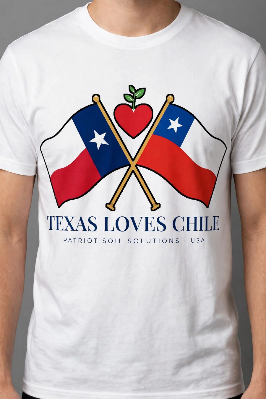 White t-shirt with the black-outlined Texas Loves Chile emblem and navy wordmark