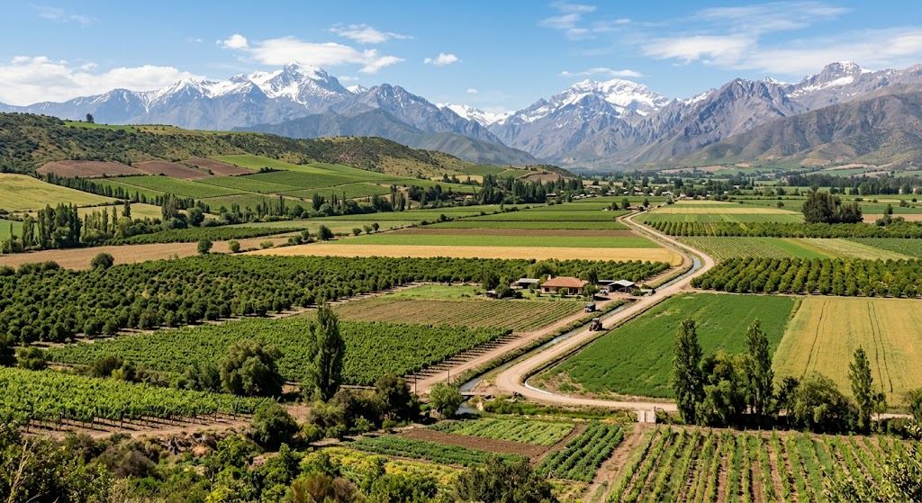 Chile's Central Valley — patchwork farms and orchards beneath the snow-capped Andes
